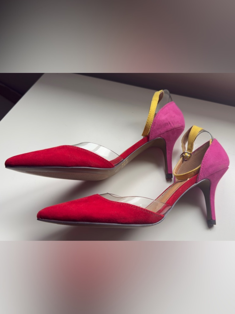 Chinese Laundry Colorblock Pointed Toe Heels in Red, Pink & Yellow - Picture 3 of 9